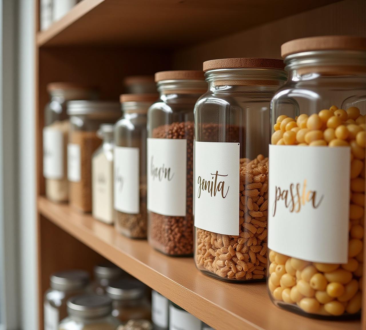 A beautifully organized pantry with hand-lettered calligraphy labels