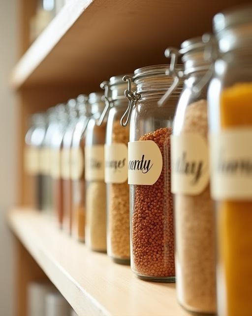 Artfully organized shelf with calligraphy labels