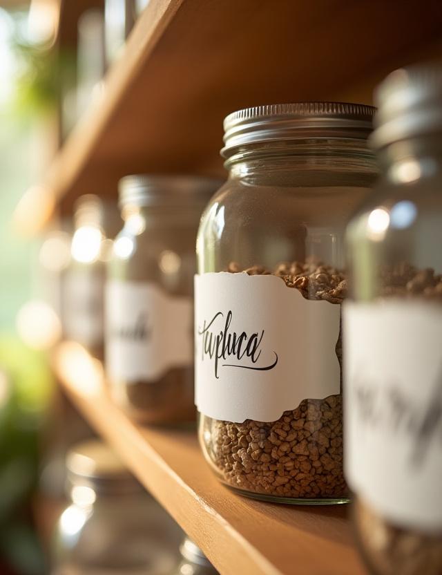 Organized shelf with beautiful hand-lettered labels