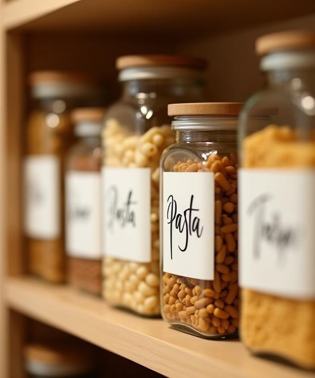 A perfectly organized pantry with hand-lettered calligraphy labels