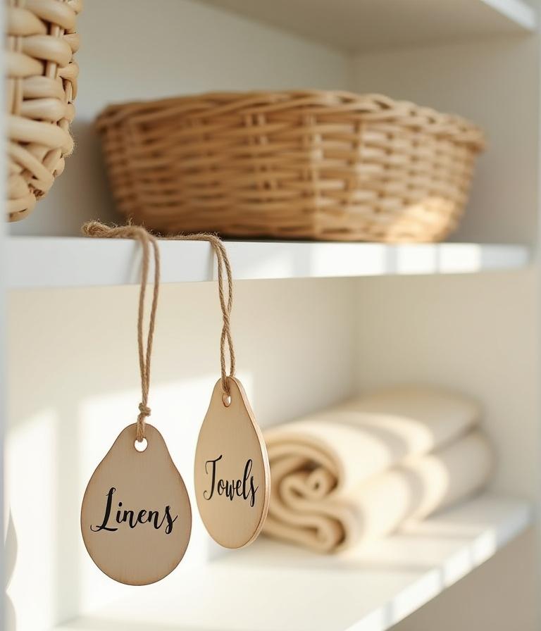 Linen closet with hanging calligraphy tags