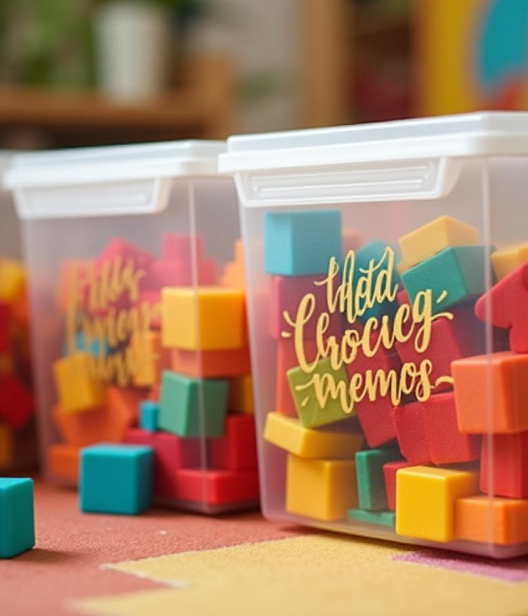 Playroom bins with custom acrylic labels